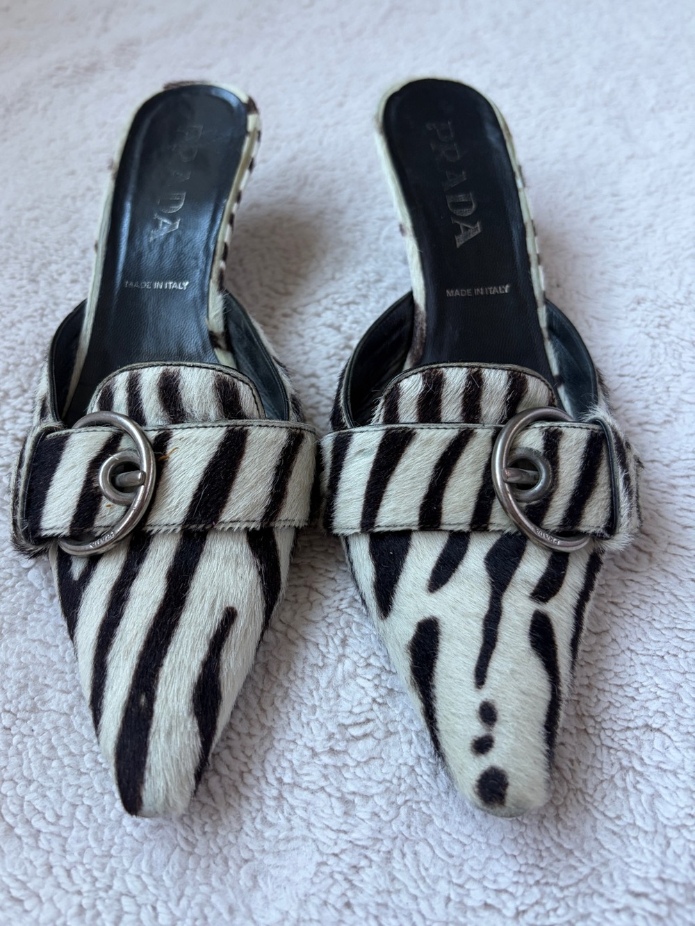 Prada Zebra-Pattern Pointed Heeled Mules with Silver Buckle Women Size 38.5
